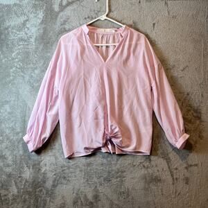 Marie Oliver 100% Silk Blouse Women Sz Small Pink Tie‎ Front Minimalist Casual